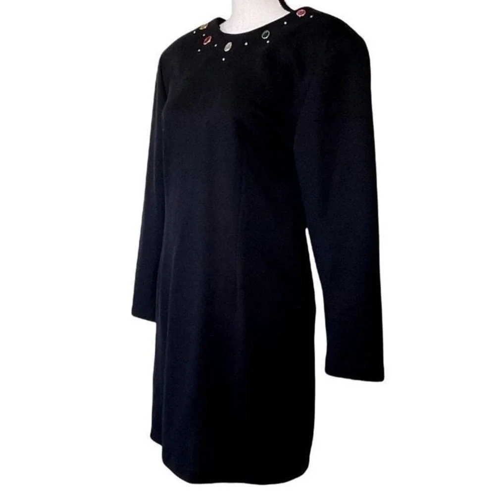 Vintage Black Long Sleeve Embellished‎ Neckline Dress Women Large Zipper Front - Picture 4 of 13